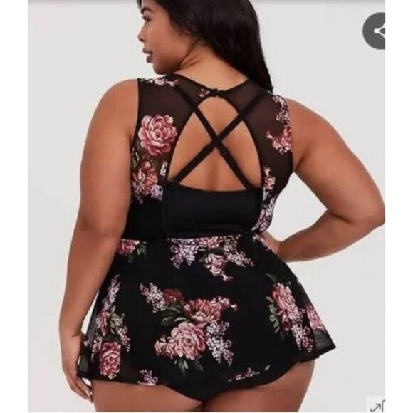 Floral Mesh Overlay One-Piece Swimsuit With Keyhole Back Pink & Black Women's Si - Picture 3 of 15